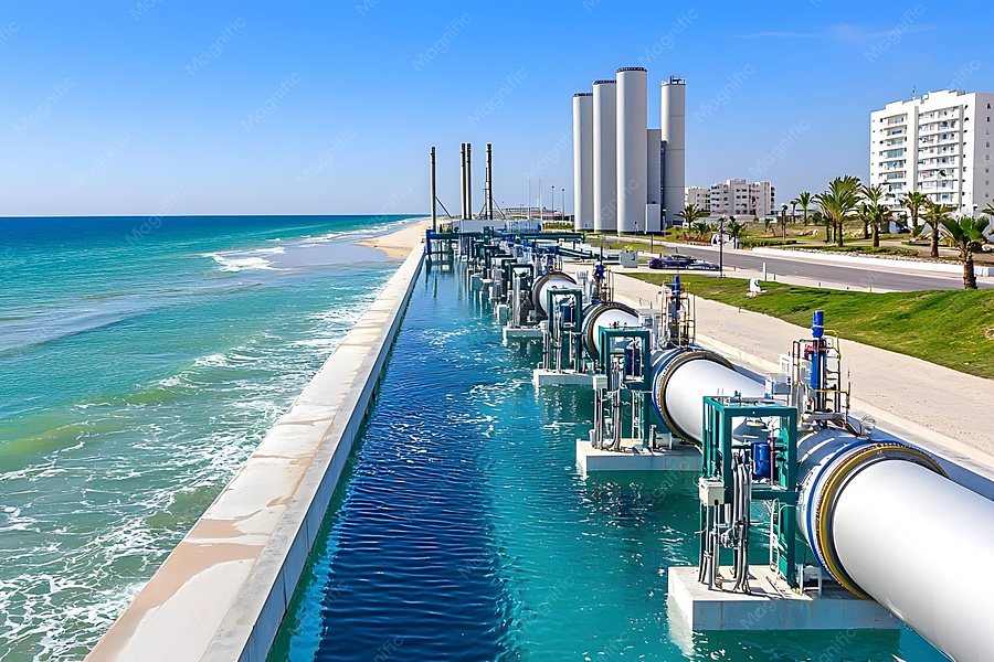 Aerial view of a seaside desalination plant