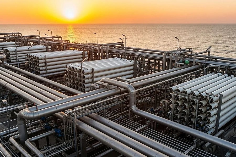 Reverse-osmosis plant at sunset